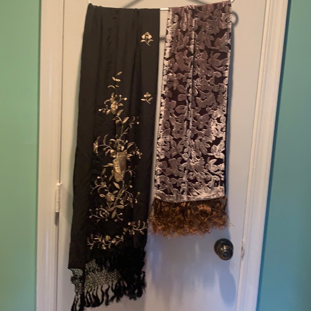 Two scarves for sale, one is silk, one is velvet